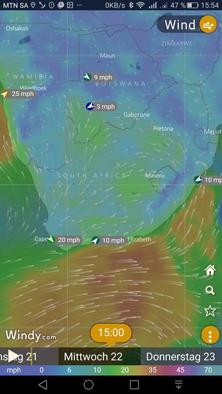 Die Wettervorhersagen für Mittwoch, den 21. November 2017, für die Südküste von Südafrika. Die gute Nachricht ist, dass es uns die Prognosen vom Wochenende erlauben, zur Mossel Bay oder gar nach Cape Town zu segeln :-)).
